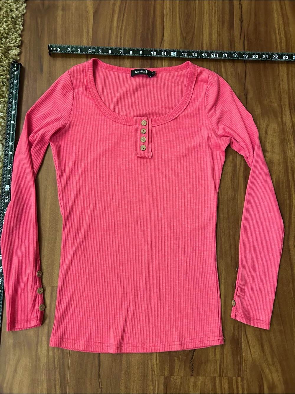 Pink Fitted Ribbed Long Sleeve Button details Henley knit